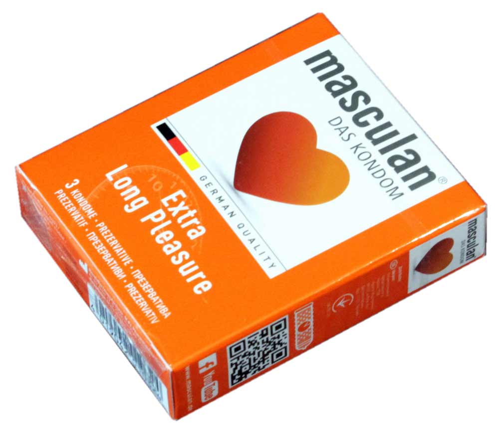 Серебристо-красная коробка с логотипом Masculan Extra Long Pleasure и числом 3