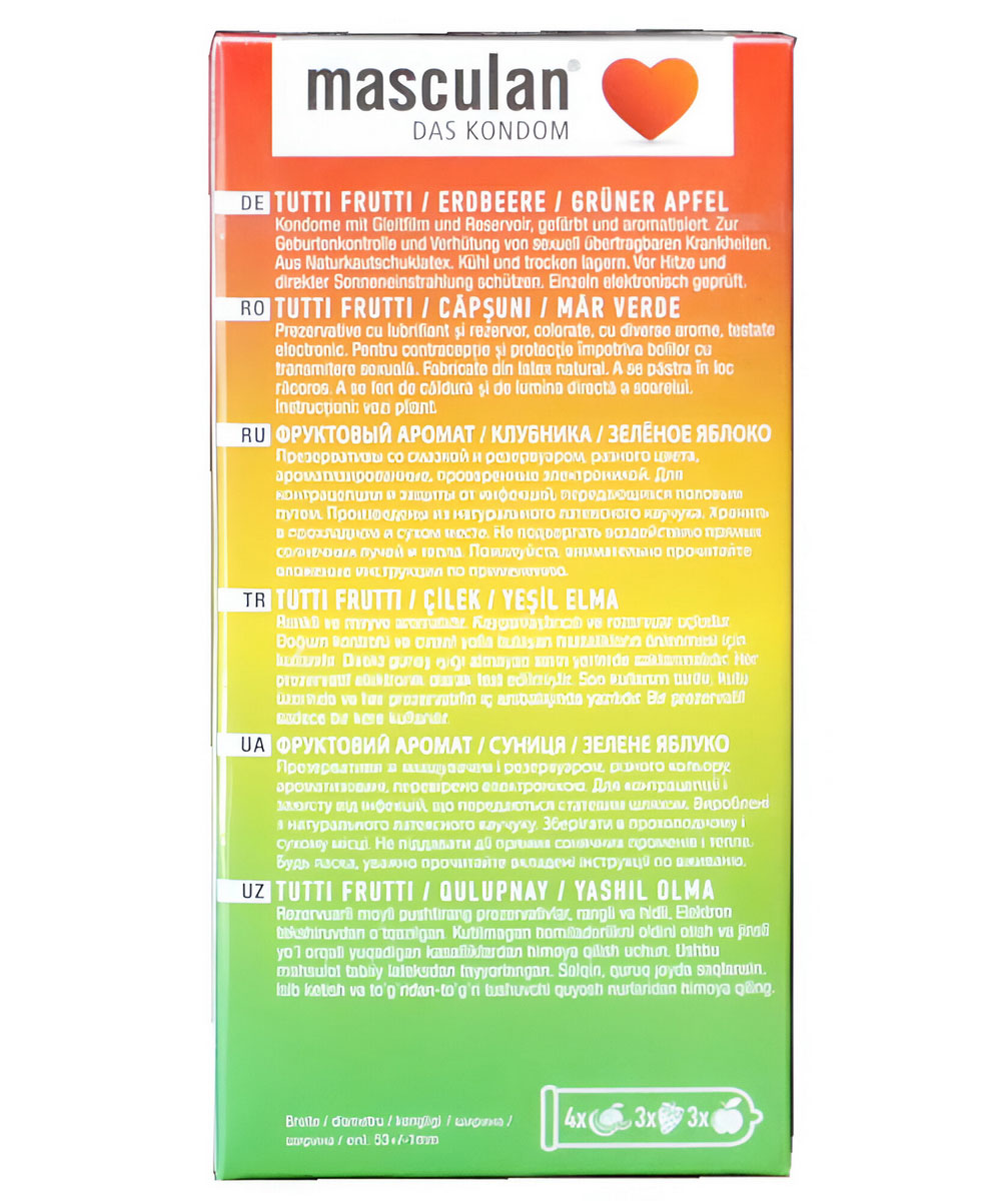 Яркая оранжевая коробка с фруктовым дизайном и надписью Masculan Frutti Edition 10 шт