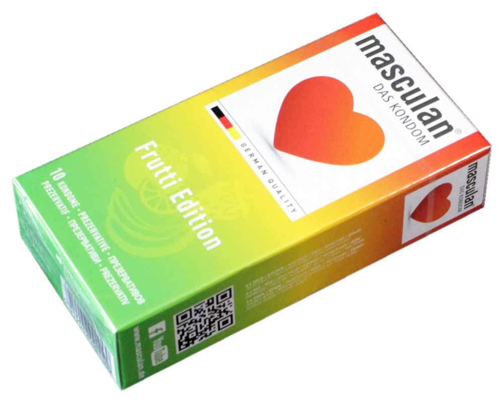 Яркая упаковка Masculan Frutti Edition с фруктами и надписью 10шт