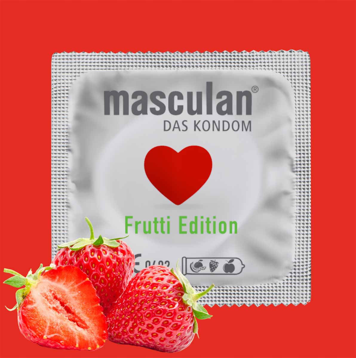 Яскрава коробка Masculan Frutti Edition зі смугастим фруктовим дизайном та написом 150 шт
