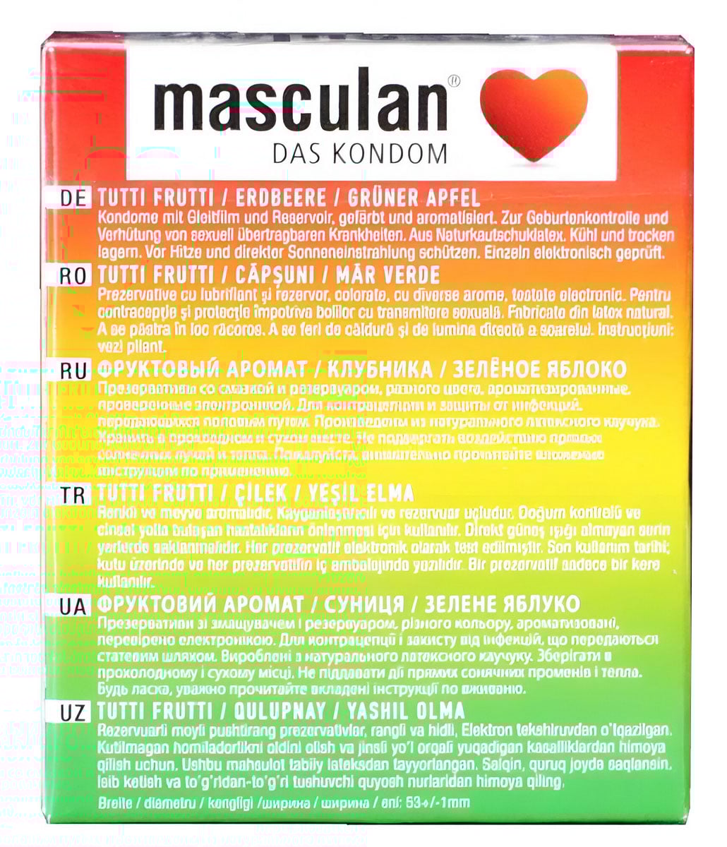 Яркая оранжевая коробка с фруктовой графикой и надписью Masculan Frutti Edition 3 шт