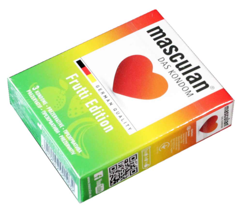 Яркая оранжевая упаковка Masculan Frutti Edition с фруктами и надписью 3 презерватива