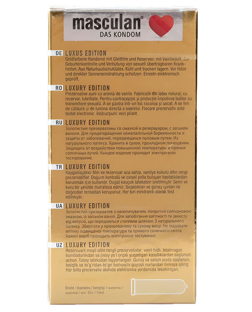 Золотистая коробка презервативов Masculan GOLD 10 штук с черно-красным дизайном