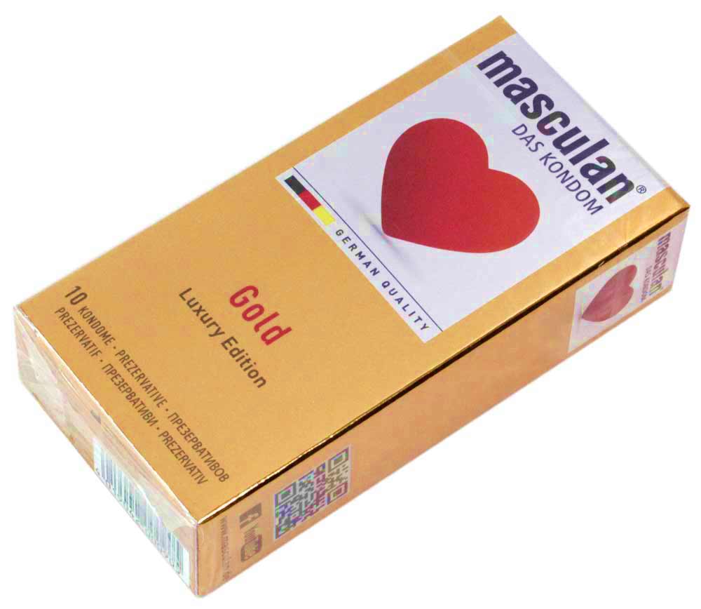 Золотистая прямоугольная коробка Masculan GOLD с цифрой 10 и надписью на белом фоне