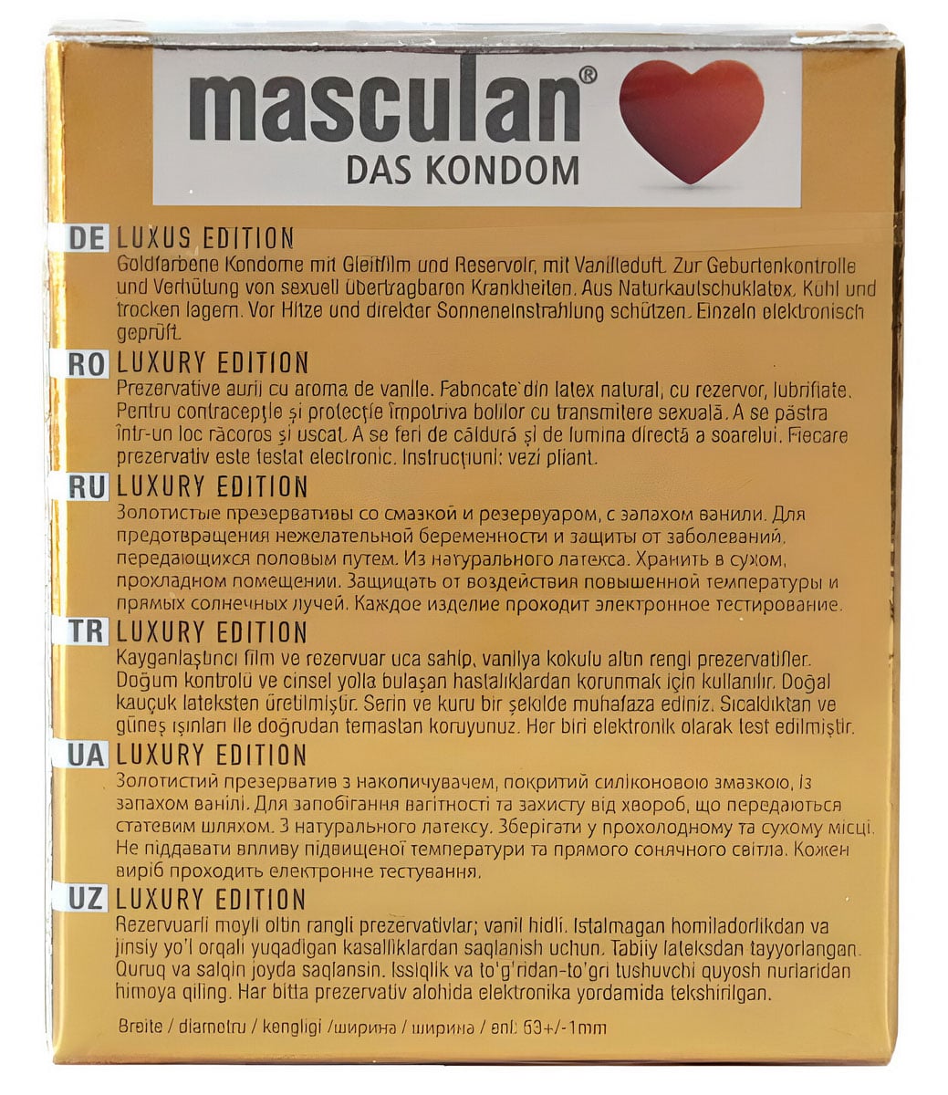 Золотиста коробка презервативів Masculan GOLD 3шт з червоним серцем та написом Gold