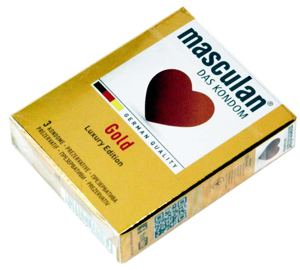 Золота коробка презервативів Masculan GOLD 3 шт з червоним серцем і логотипом