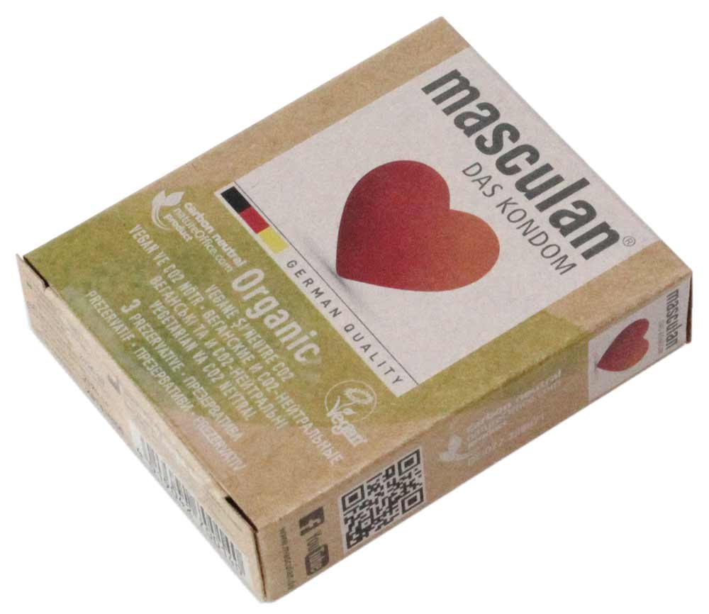Белая коробка с зелёным кругом и надписью ORGANIC, 3 презерватива Masculan