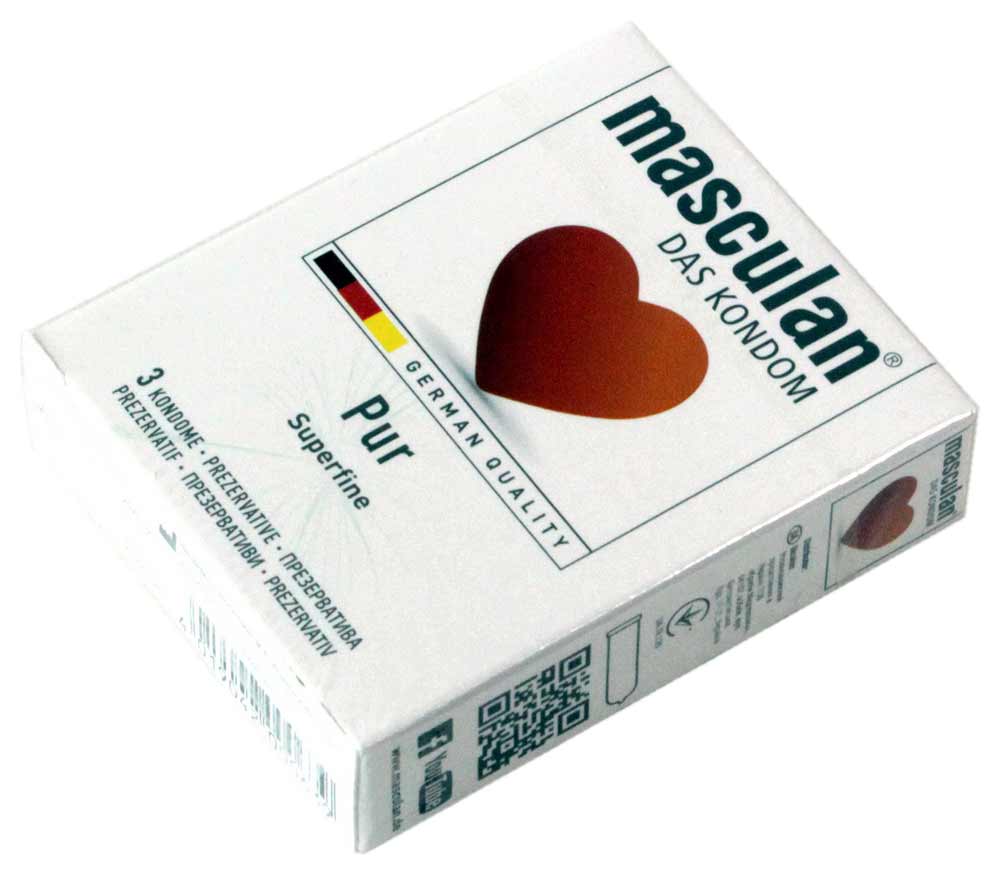 Белая коробка с синим логотипом Masculan PUR и надписью 3 презерватива