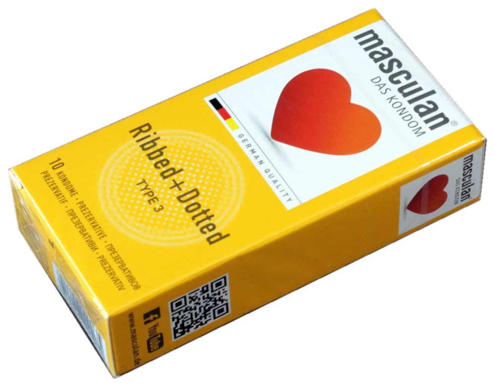 Серый фон, вертикальная упаковка Masculan Ribbed+Dotted 10 шт с оранжевым сердцем