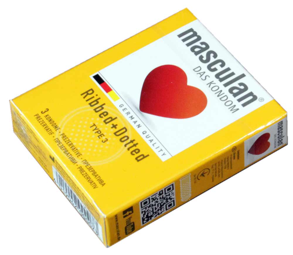 Темная упаковка Masculan Ribbed+Dotted с тремя презервативами и красным сердцем