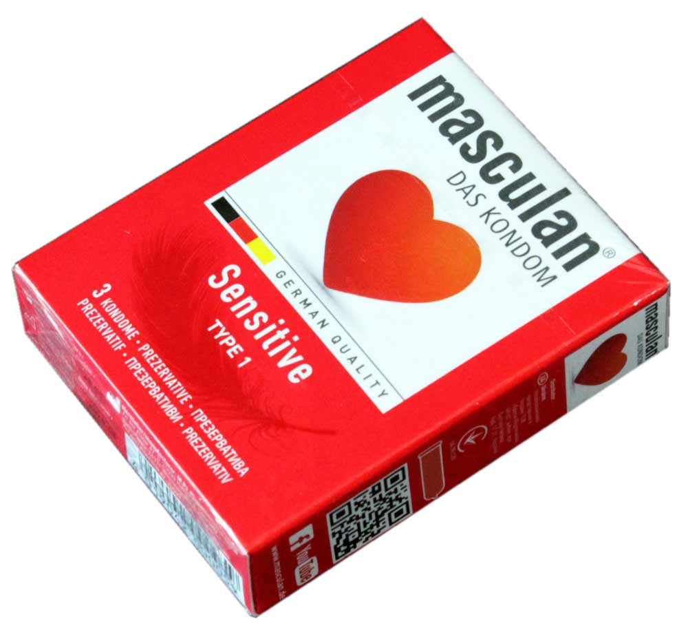 Біла коробка презервативів Masculan Sensitive 3 шт з червоним серцем і сірим написом Sensitive