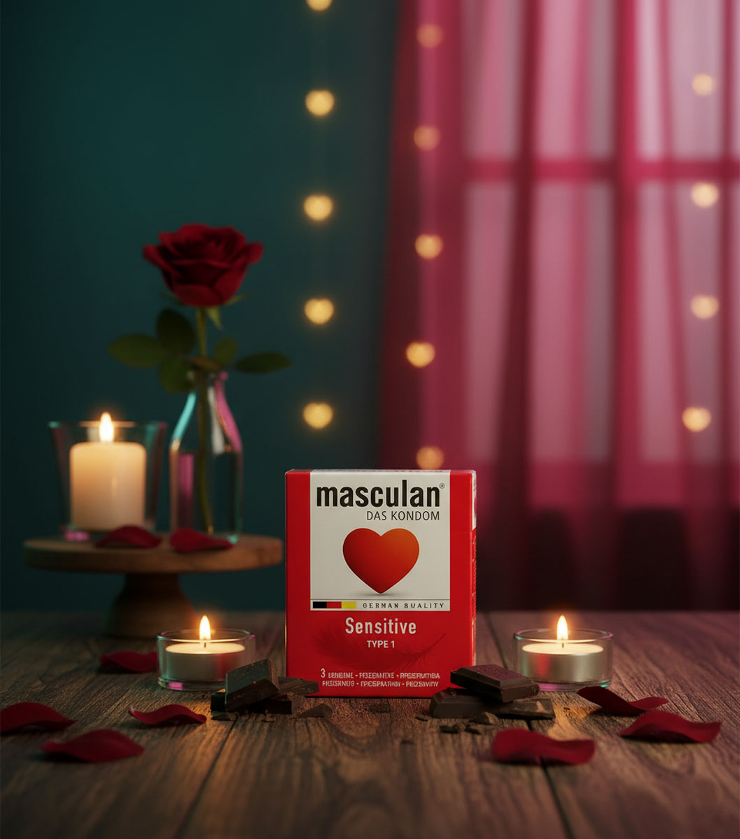 Біла картонна коробка Masculan Sensitive 3 шт із червоним серцем та написом німецькою