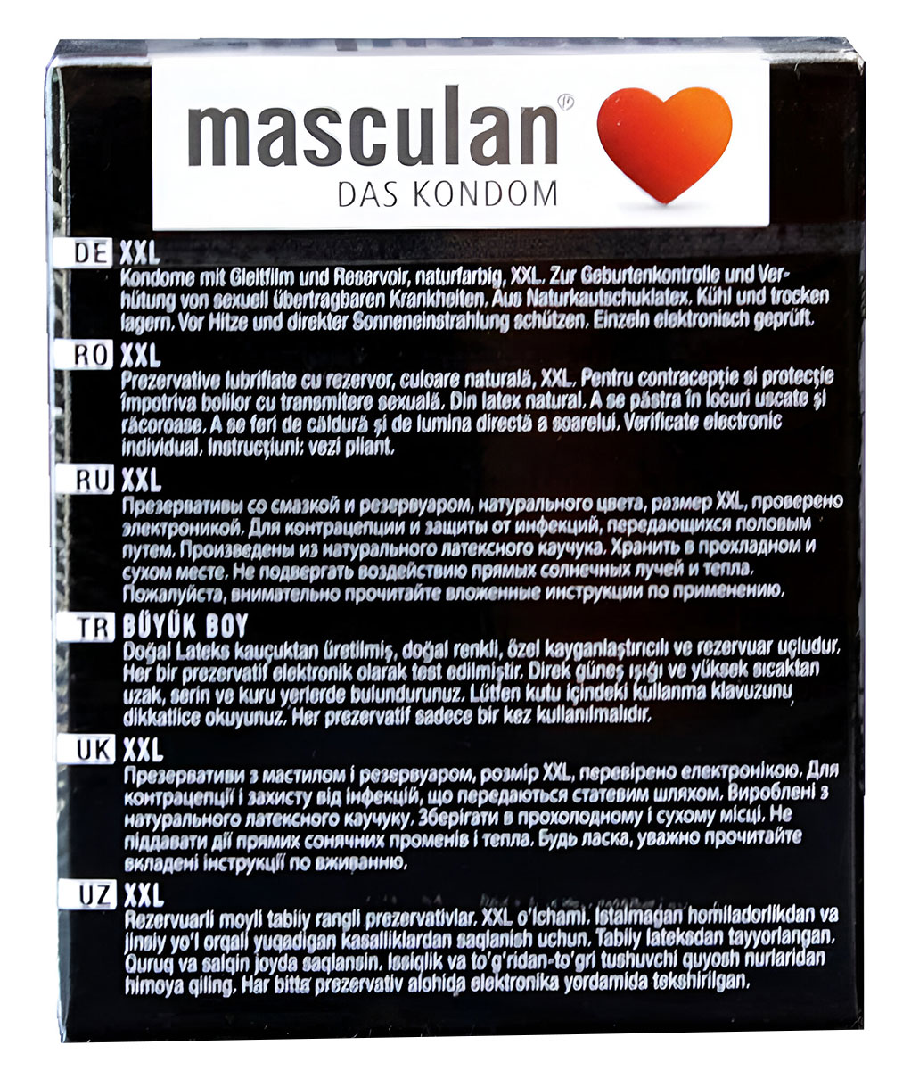 Біло-червона коробка презервативів Masculan XXL, напис XXL, 3 штуки, німецький прапор