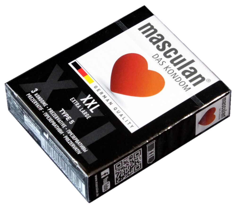 Великий сріблястий напис XXL на червоній коробці презервативів Masculan, 3 штуки