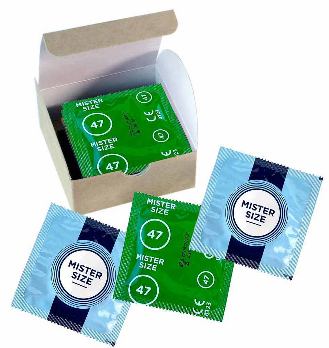 Синя упаковка MisterSize 47 із білим кругом та написом 6 шт