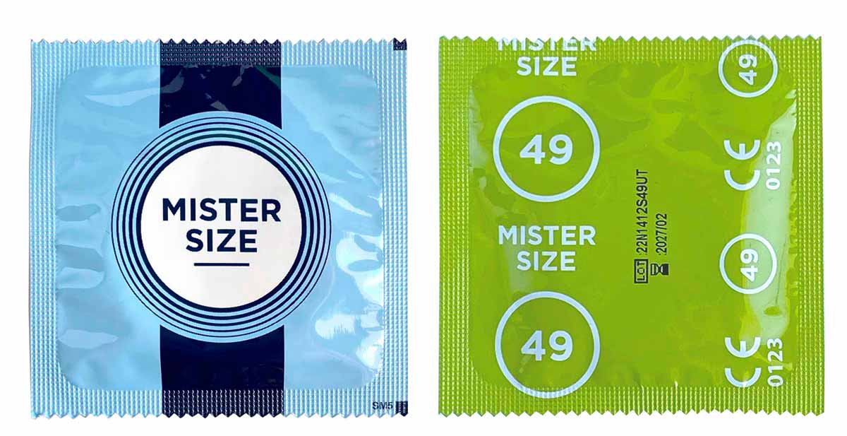 Біла упаковка MisterSize 49 із синім логотипом, написом 49мм і позначкою 36шт