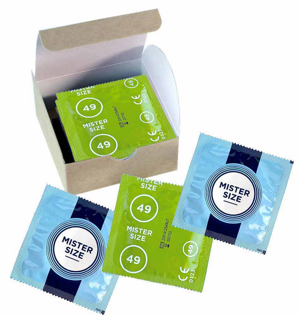 Біло-синя коробка MisterSize 49 із зазначенням розміру 160мм x 49мм, 6 штук