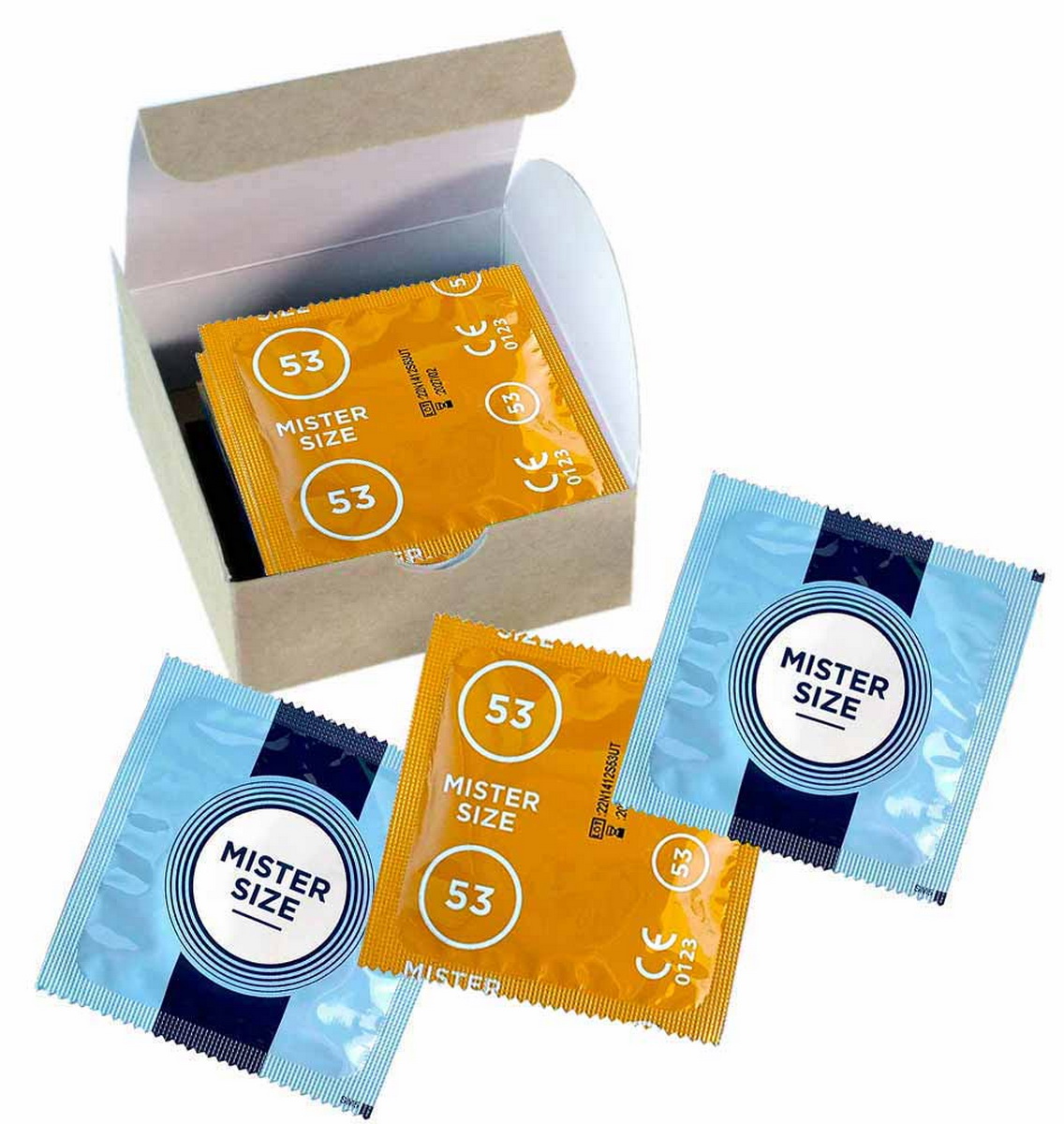 Синя коробка MisterSize 53 із білим круглим логотипом та зазначенням 6 штук