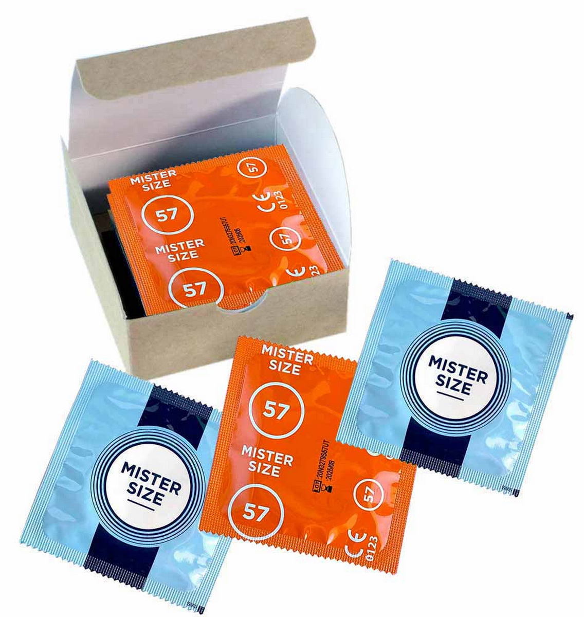 Біло-синя коробка MisterSize 57 із зазначенням розміру 185мм x 57мм, 6 штук