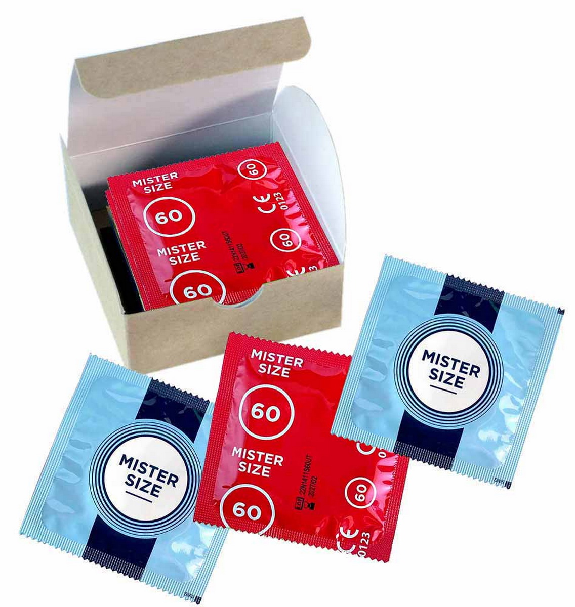 Синя коробка MisterSize з білим кругом, текстом 60 мм, 6 штук, розміри 200 мм x 60 мм