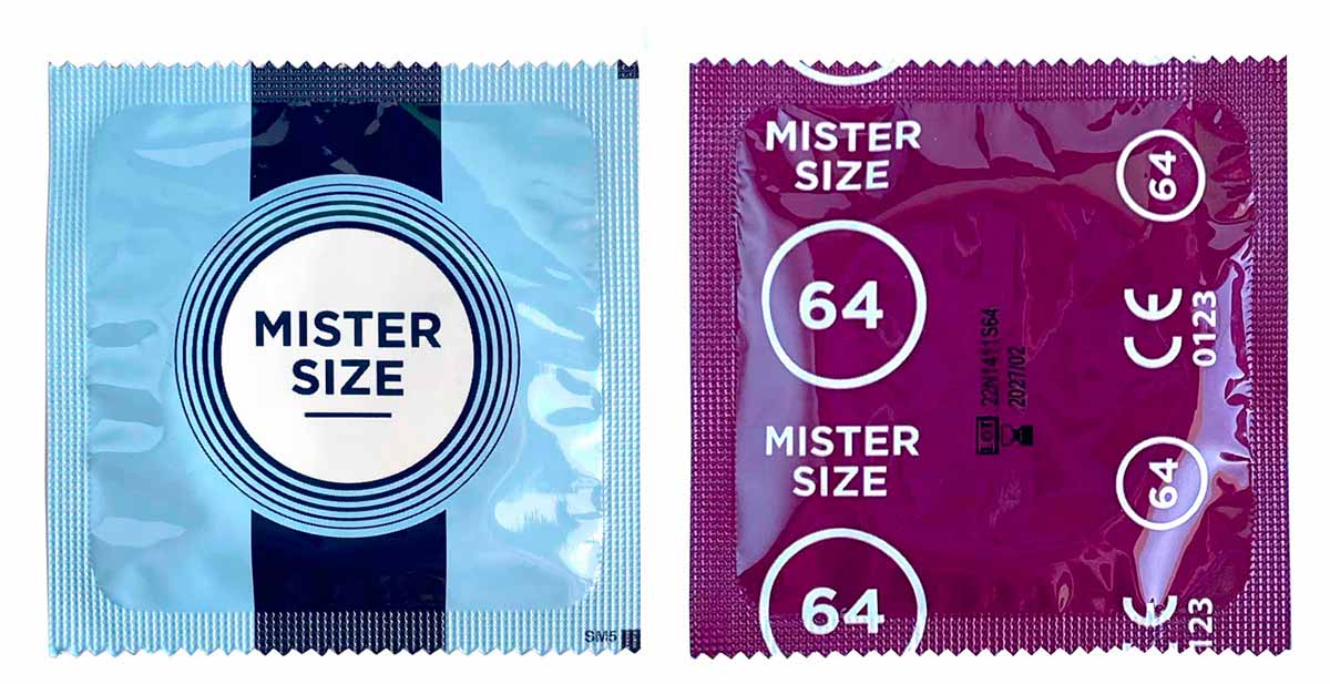 Синя прямокутна коробка MisterSize 64 з білим кругом і написом, 6 штук, розмір 220х64 мм