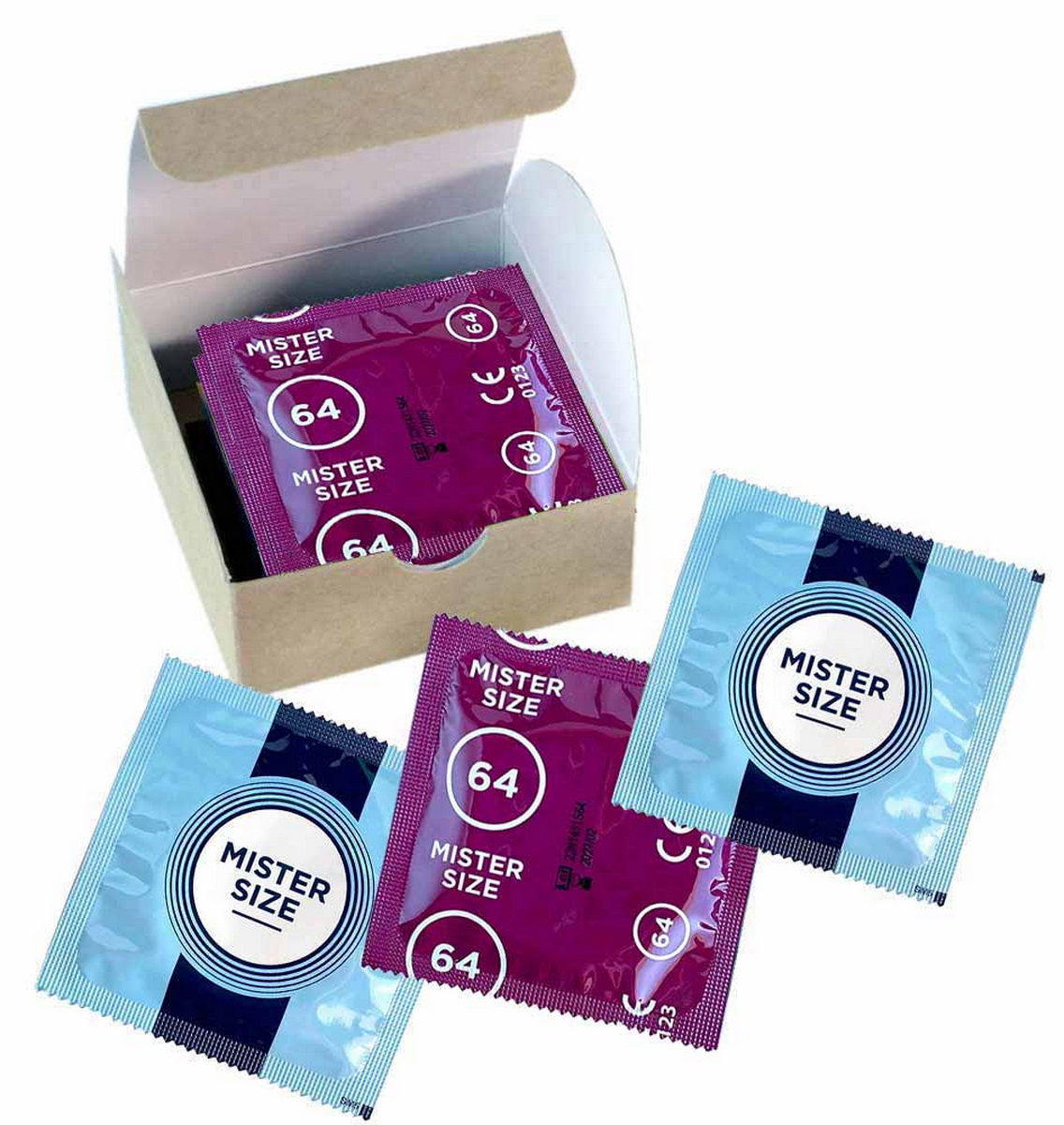 Синя коробка MisterSize 64 з білим кругом, написом 64 мм та позначкою 6 шт