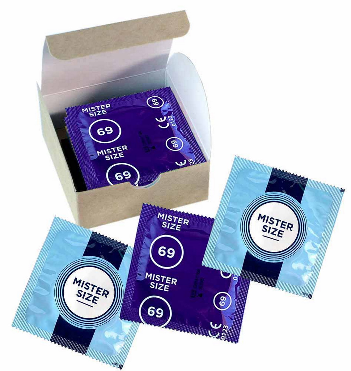 Синя коробка MisterSize 69 із сріблястим логотипом, напис 6 шт, розмір 69 мм, 220 мм