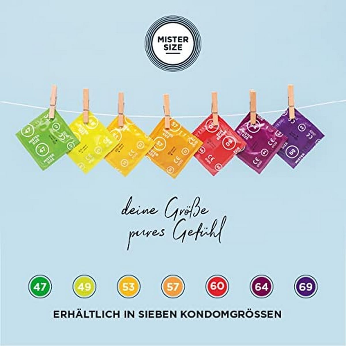 Синя картонна упаковка MisterSize 69 із білим кругом, 6 штук, розмір 220мм x 69мм