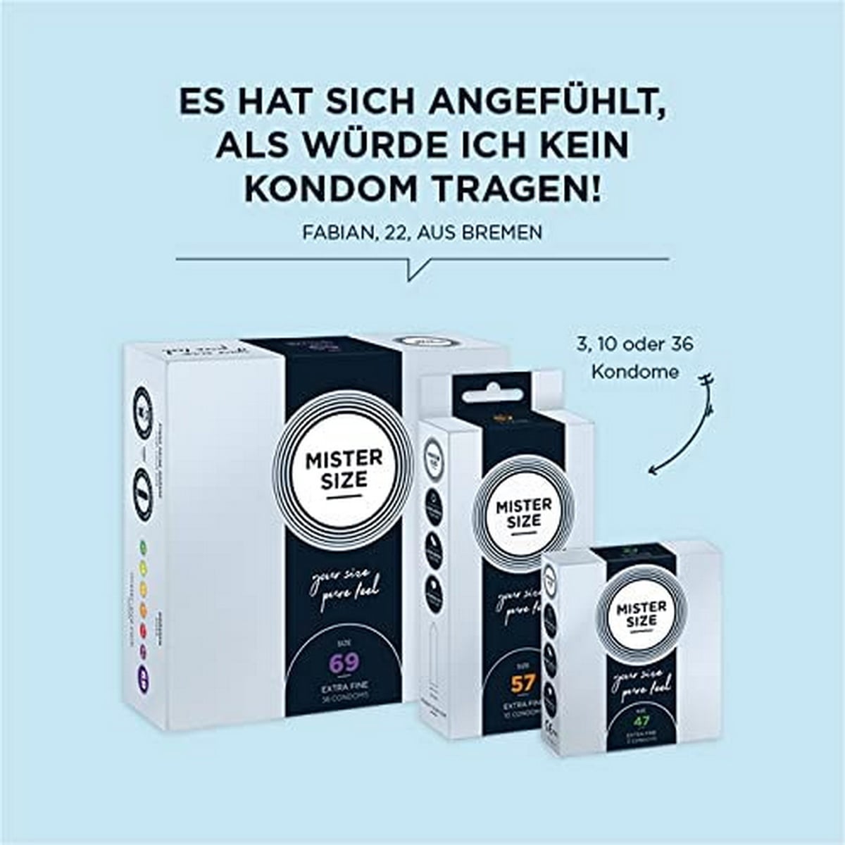 Синя картонна упаковка MisterSize 69 із білим колом та цифрою 69, 6 штук