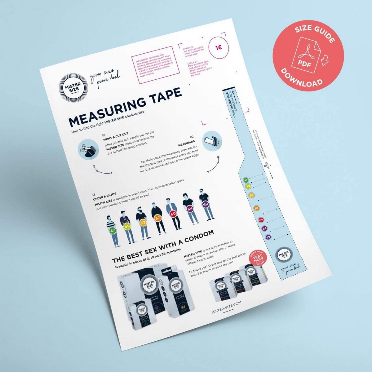 Біло-синя коробка MisterSize 69 із зазначенням розміру 220мм x 69мм, 6 презервативів