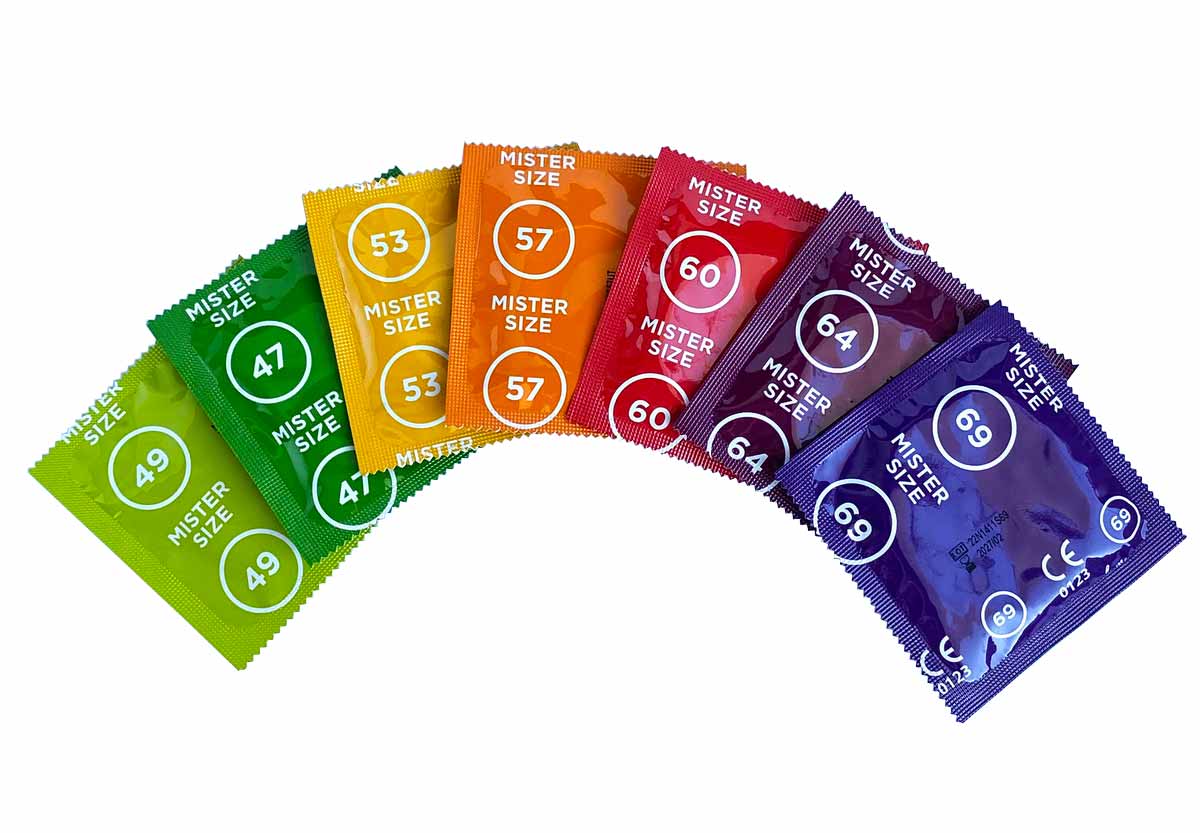 Біло-блакитна упаковка MisterSize 69 із позначенням розміру 69 мм, 6 презервативів