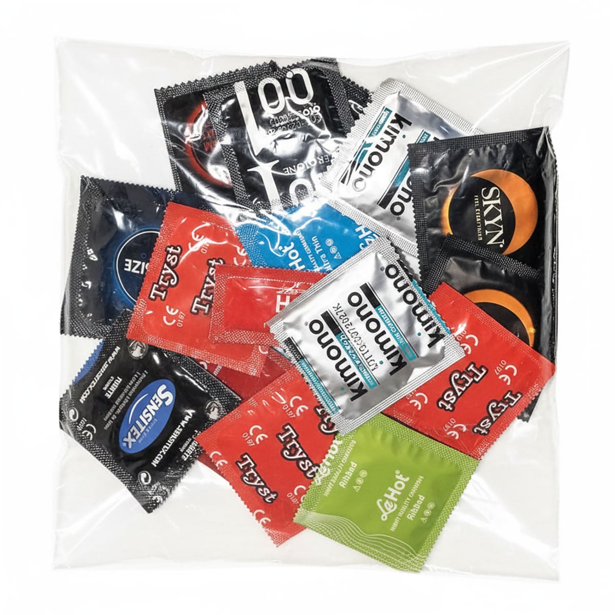 Разноцветные упаковки презервативов разных брендов с надписями mix 20 шт