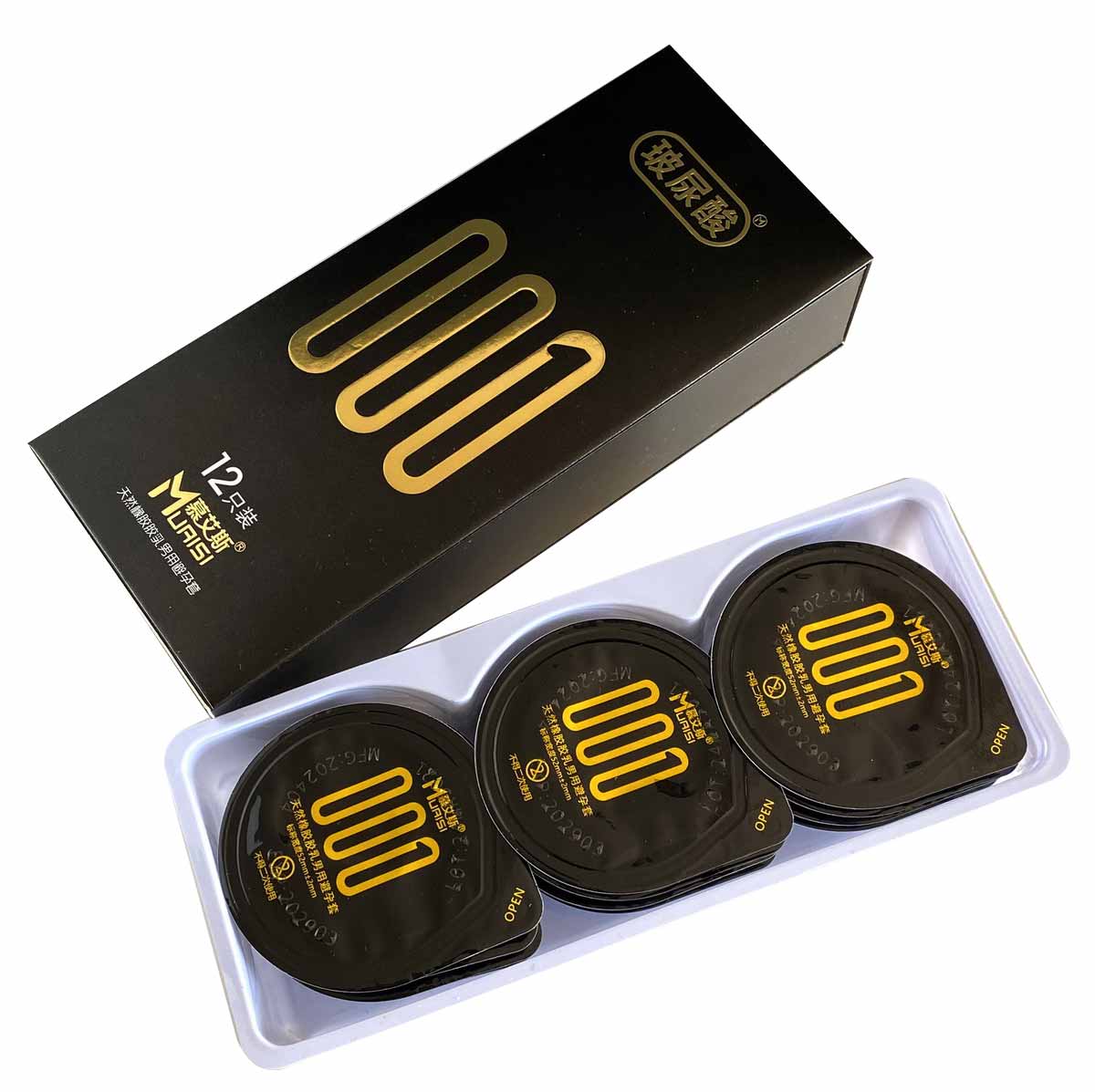 Чорна упаковка Muaisi 001 Black, сріблястий напис, 12 ультратонких презервативів, товщина 0.01
