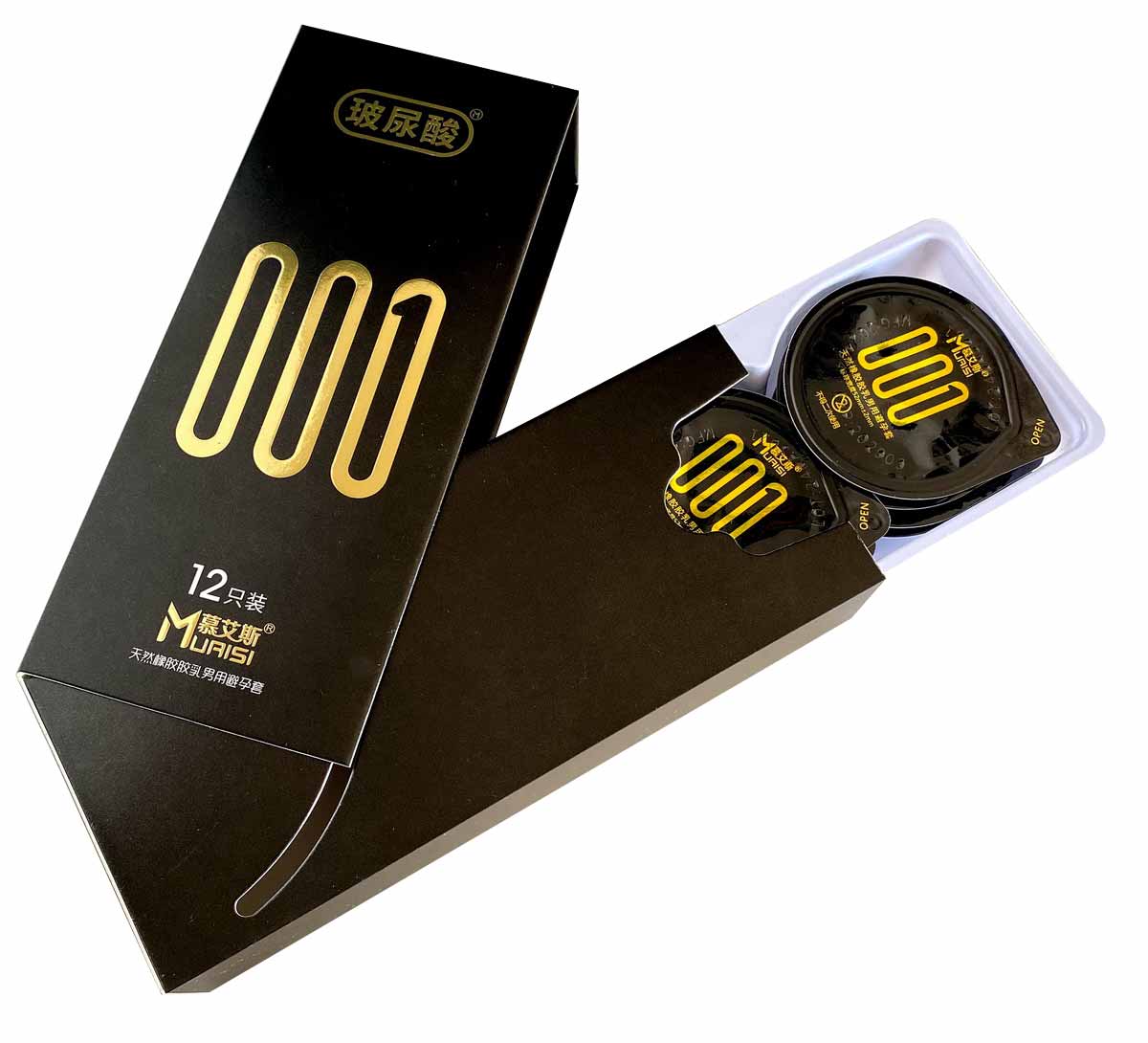 Чорна коробка Muaisi 001 Black з білим написом, 12 ультратонких презервативів 0.01 мм