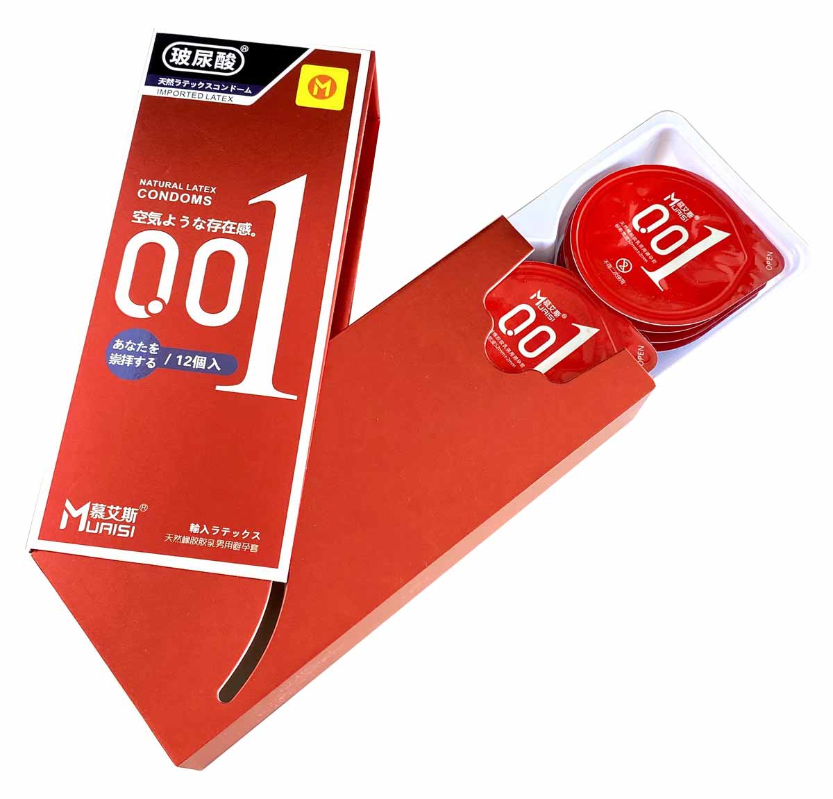 Червона упаковка Muaisi 001 Red із сріблястим написом та позначкою 0.01 мм, 12 штук