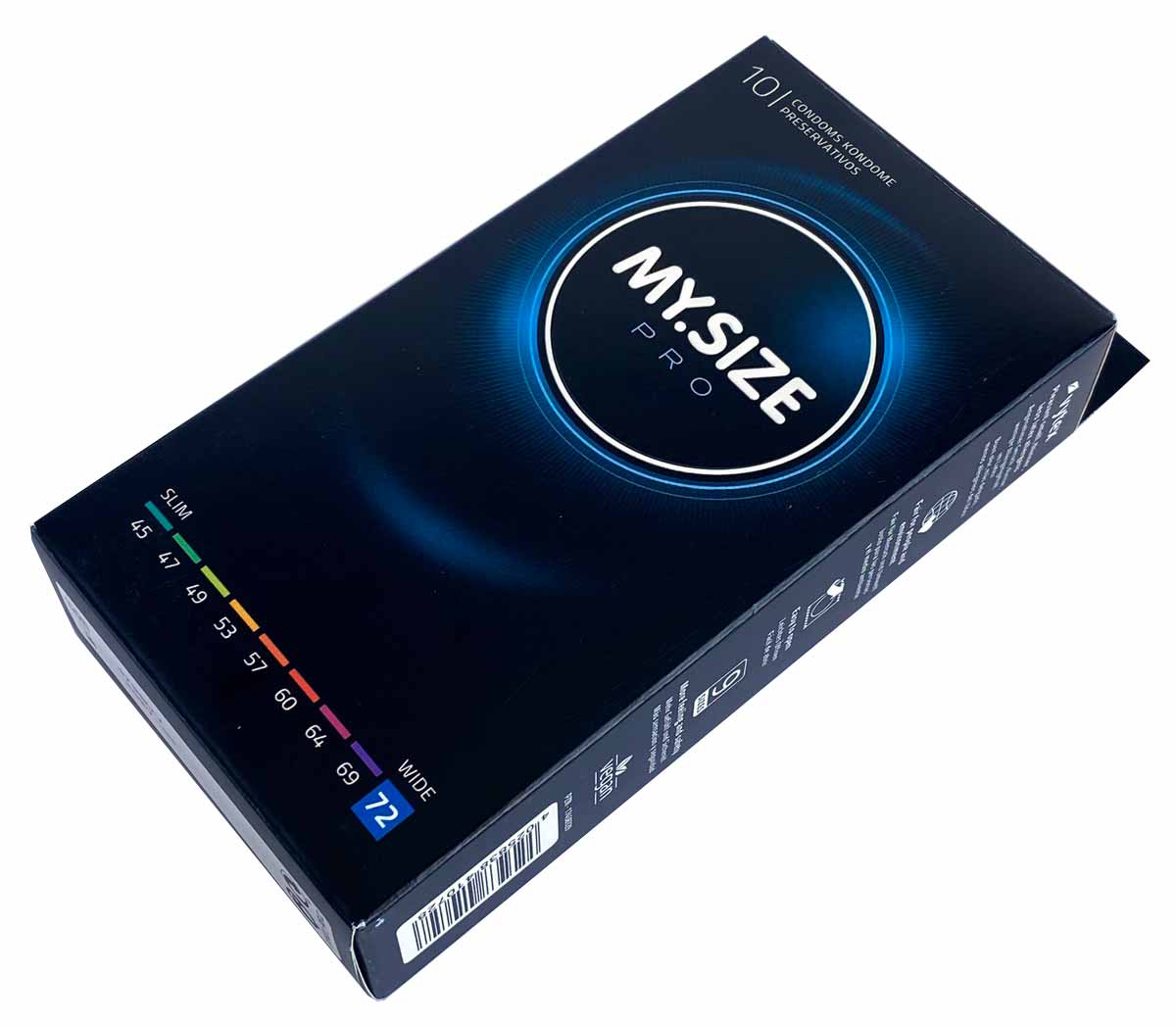 Темно-синя коробка MY.SIZE PRO 72 з білим і сріблястим шрифтом, 10 презервативів