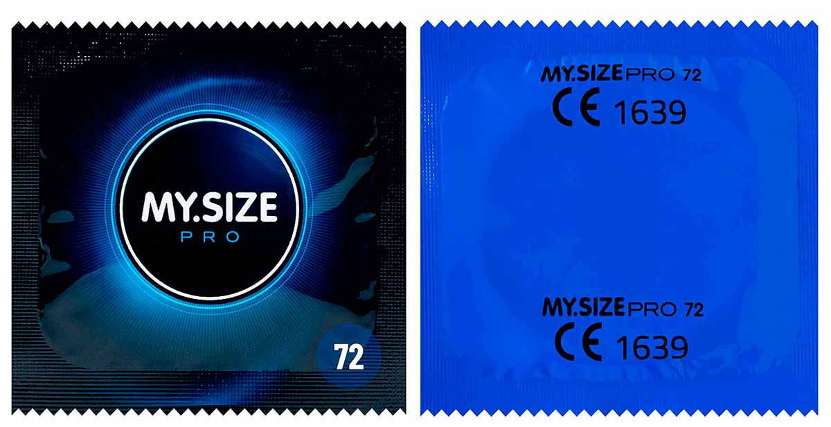 Темно-синя коробка MY.SIZE PRO 72 з білим і сріблястим написом, 10 презервативів