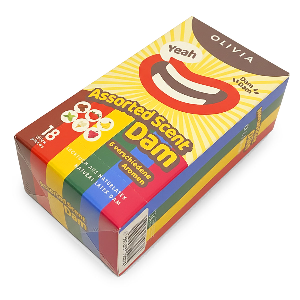 Яркая упаковка Olivia Oral Dams с фруктовыми латексными салфетками ассорти, 18 штук