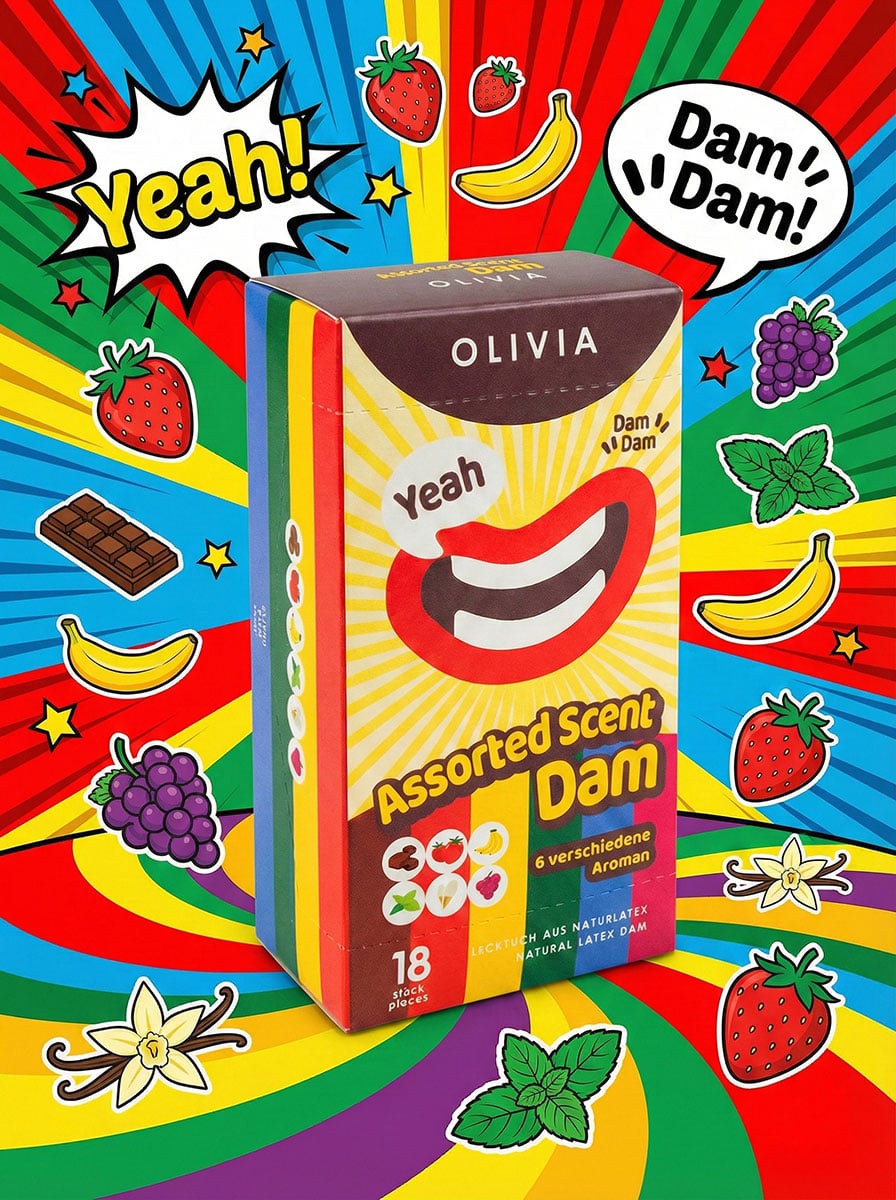 Яркая упаковка Olivia Oral Dams с фруктовыми иллюстрациями и надписью Mix 18 штук