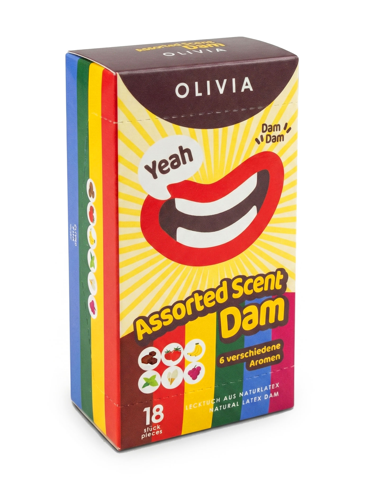 Яркая упаковка Olivia Oral Dams с фруктовыми салфетками ассорти 18 штук