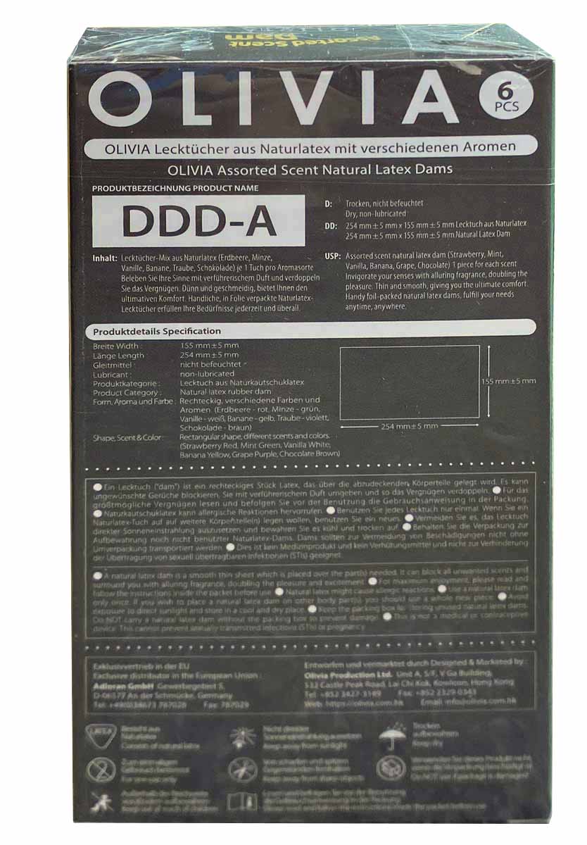 Різнокольорові латексні серветки Olivia Oral Dams у прозорій упаковці, 6 штук, асорті