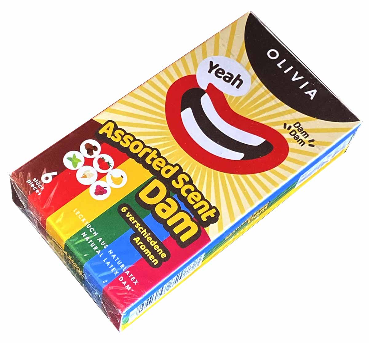 Різнокольорові латексні серветки Olivia Oral Dams Mix 6шт на білому фоні