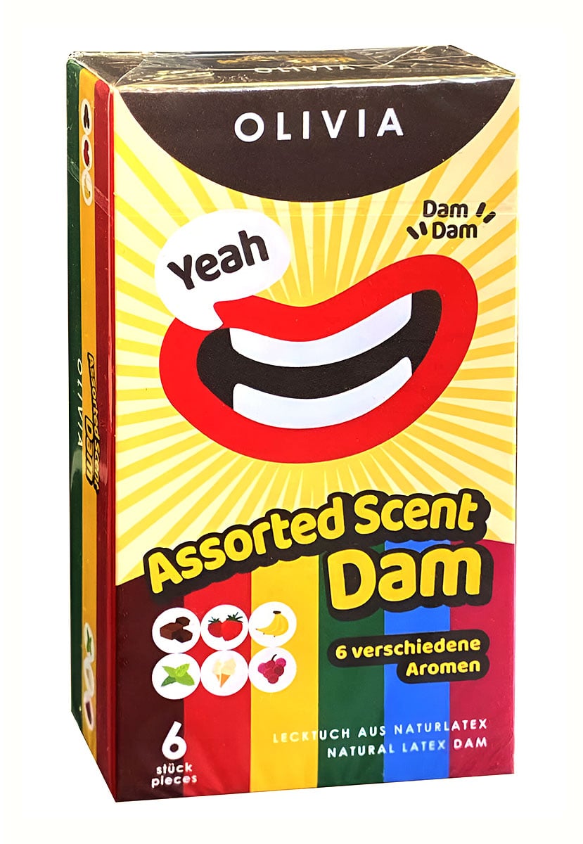 Різнокольорові латексні серветки Olivia Oral Dams у прозорій упаковці, 6 штук, асорті