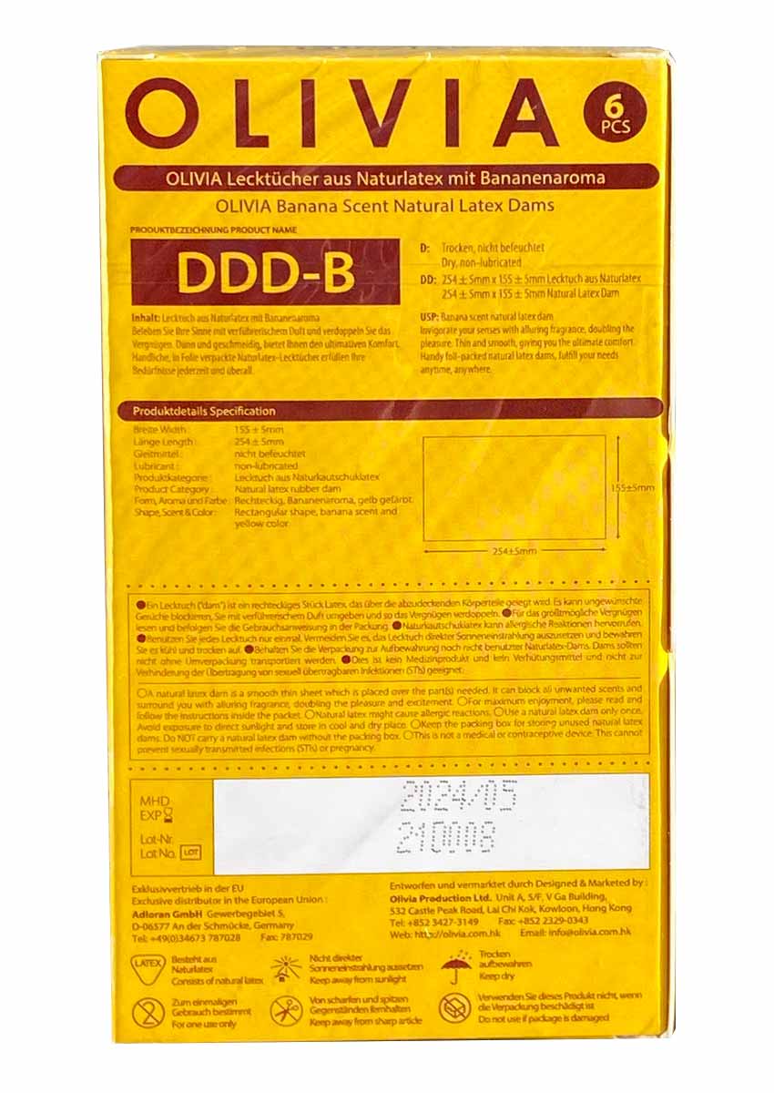 Яскраво-жовта упаковка Olivia Oral Dams Banana з малюнком банана та позначкою 6 шт