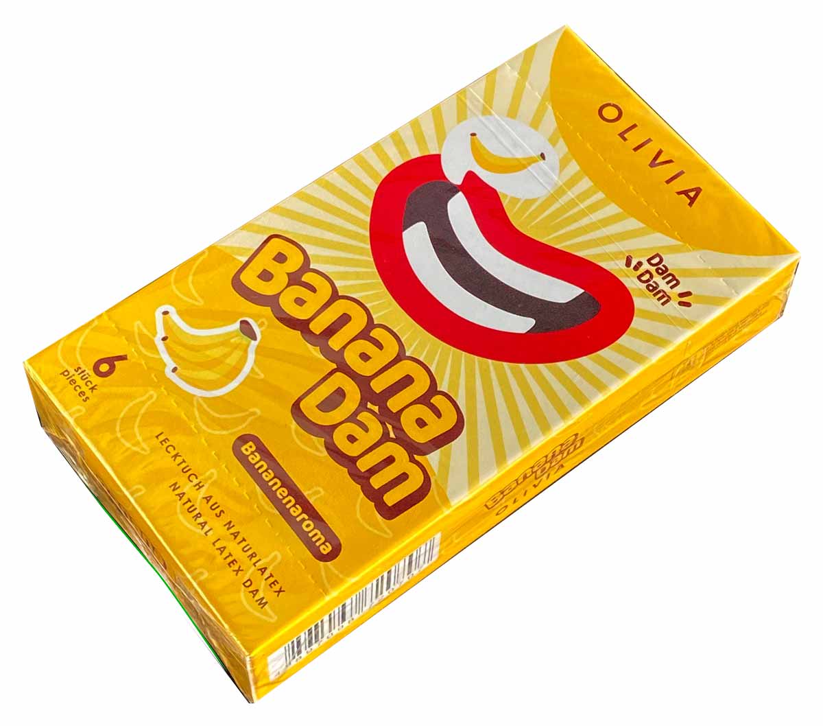 Жовта упаковка Olivia Oral Dams Banana 6 шт з бананом та написом англійською