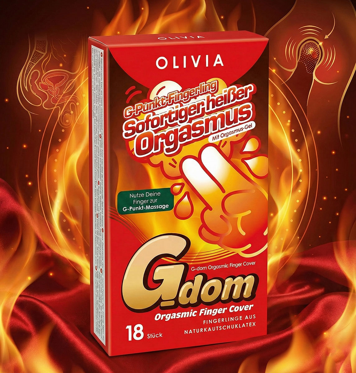 Белая упаковка Olivia G-Dom Orgasmic 18 штук с фиолетовым акцентом и надписью на русском