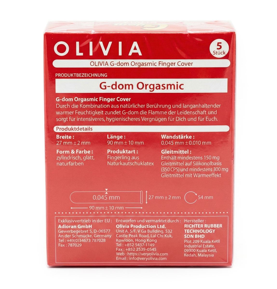 Пальчиковые презервативы Olivia G-Dom Orgasmic 5 шт с возбуждающим лубрикантом на синей упаковке