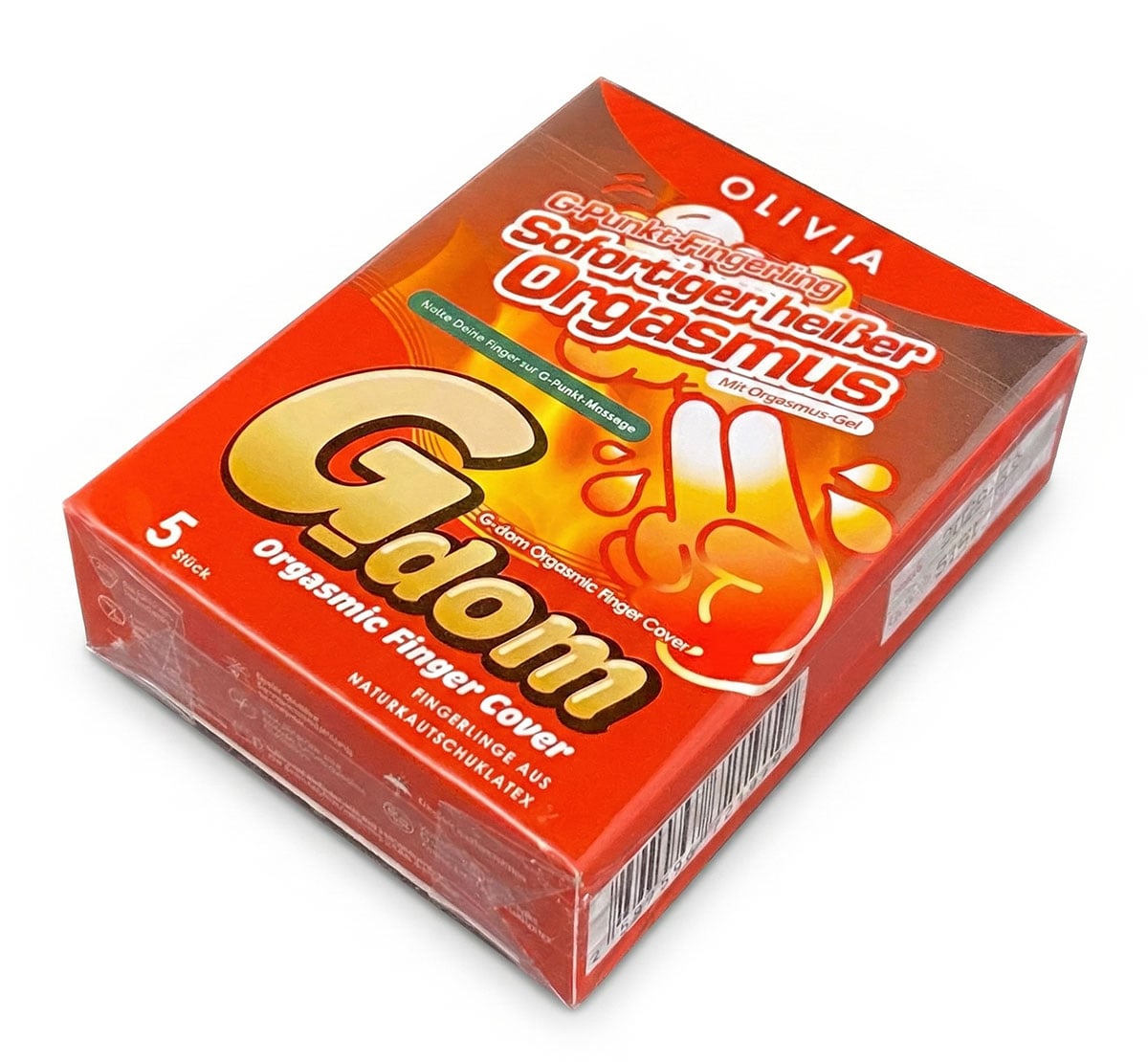 Глянцевая розовая упаковка Olivia G-Dom Orgasmic, 5 пальчиковых презервативов с лубрикантом