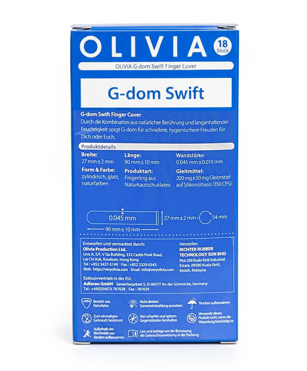 Белая упаковка Olivia G-Dom Swift с оранжевым и синим дизайном, 18 фингер-презервативов с лубрикантом