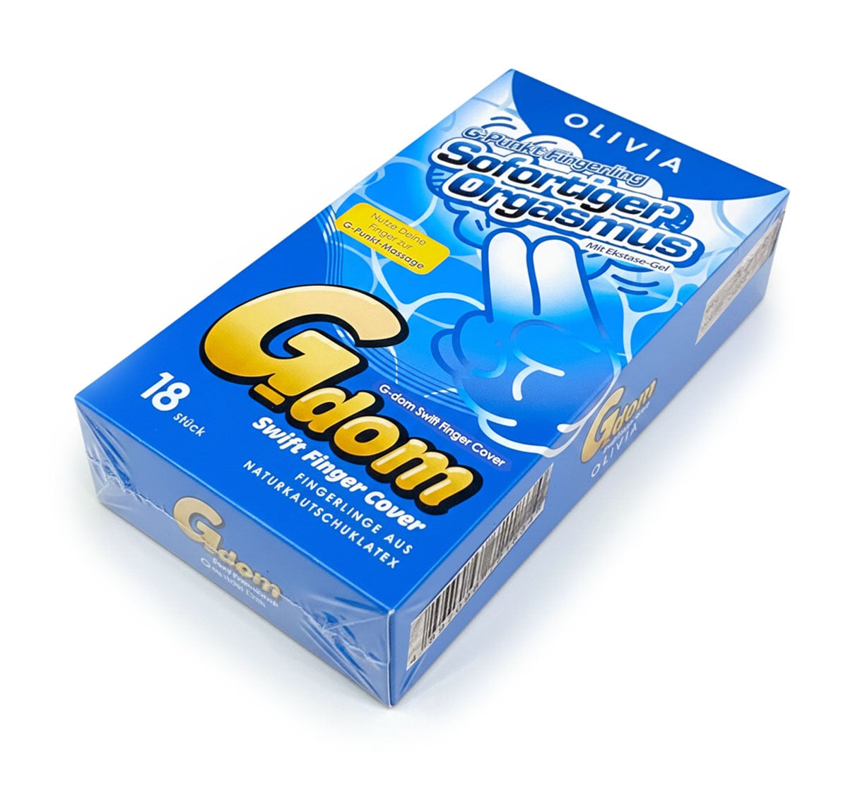 Синий фон, белая коробка Olivia G-Dom Swift с надписью и изображением фингер-презервативов 18шт